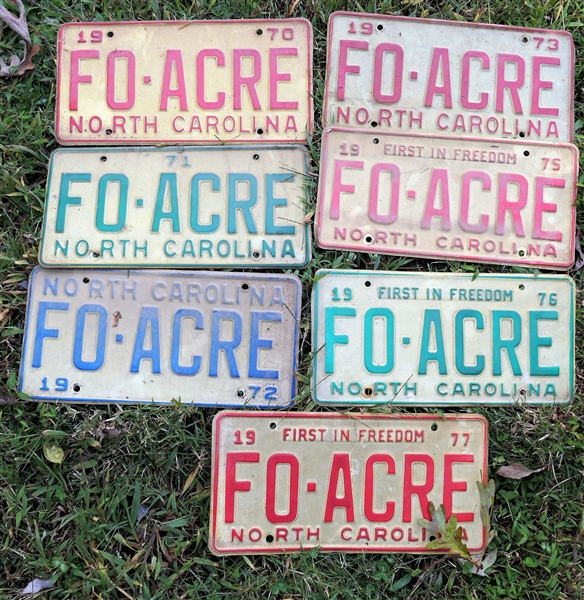 1970-1977 (Missing 1974) North Carolina License Tags "Fo-Acres" Good Condition - Need Cleaning