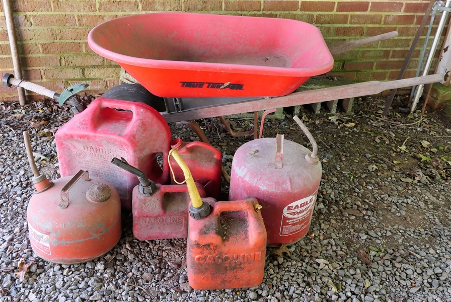 True Temper Wheel Barrow (Splits in Bottom Around Screws) and 6 Gas Cans - 2 Are Metal Eagle Cans