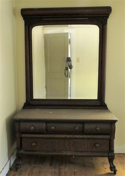 Oak Low Bow with Beveled Mirror, Claw Feet - Original Finish - Measures 80" tall 48" by 24"