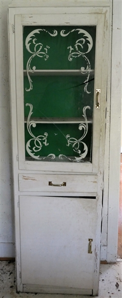 1940s Wood Kitchen Cabinet - Glass is Cracked - Measures 69" tall 21" by 10" - Some Water Damage to Side - See Photos