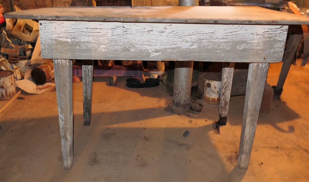 2 Board Top Tapered Leg Table - Wrap Around Band  -  Measures 29 1/2" tall 49" by 28"- 1 Leg Has Some Damage to Foot