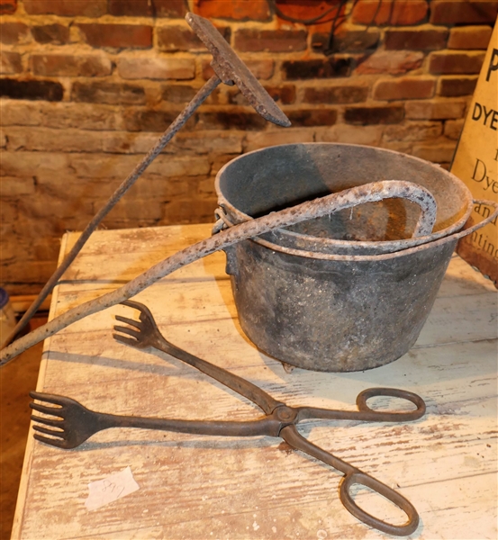 Cast Iron Pot with 3 Feet, Iron Fork Tongs, Blacksmith Fire Pusher/Scraper and Pick - Pot Measures 7 1/2" tall 9 1/2" Across