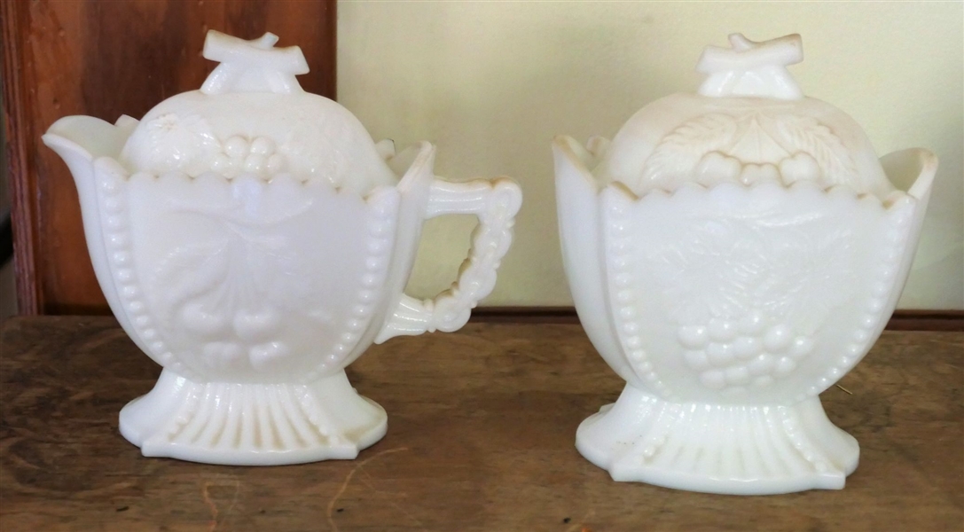 Milk Glass Cherry and Grape Patterned Cream and Sugar - Sugar Measures 5 1/2" tall 4 1/4" by 3 1/2"