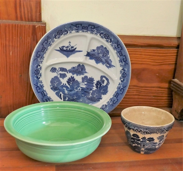 Made in Japan Blue Willow Grill Plate, Swinnertons Staffordshire England "Old Willow" Pot, and Green Fiesta 8 1/2" Bowl - "Old Willow" Piece Measures 3 1/4" tall 4 1/2" Across