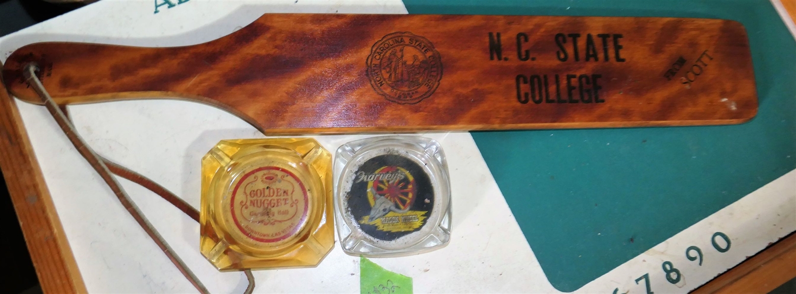 NC State Wood Paddle and 2 Las Vegas Ash Trays -  Harveys and Golden Nugget