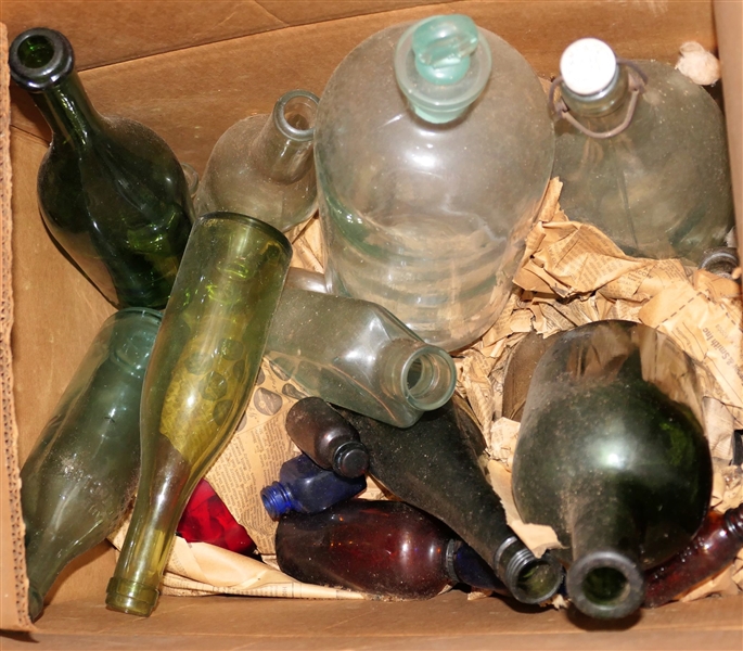 Box of Glass Bottles - including Glass Stoppers, Olive Green,