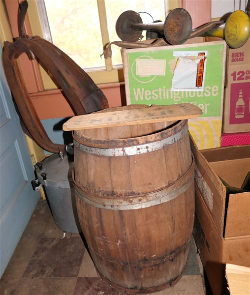 Antique Sugar Barrell with Partial Original Lid, Car Horns, Horse Collar, and Pressure Canner