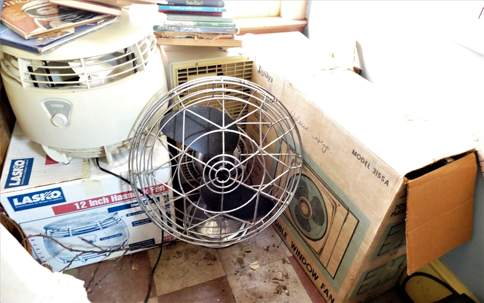 4 Electric Fans including Freshned Air - by General Electric,  12" Lasko Fan with Box, Window Fan, and Box Fan