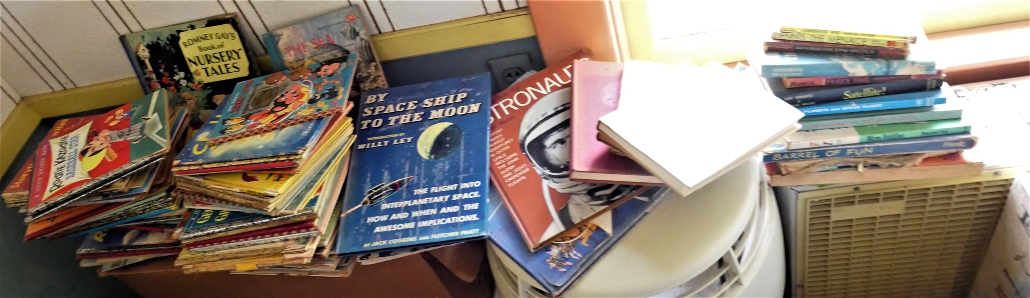 Large Group of Childrens Books including Space Books, Golden Books, Satellite, Barrel of Fun, Mrs. Coverletts Magicians, By Space Ship to the Moon, Romney Gays Book of Nursery Tales, Astronauts,...