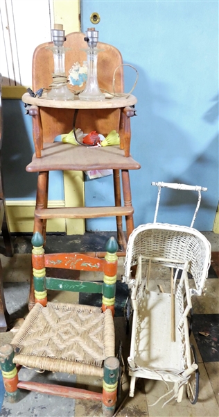Wood High Chair, Hand Painted Woven Bottom Childs Chair, Wicker Doll Stroller ( Damaged) and Pair of Glass Lamps - Chair Measures 18" Tall