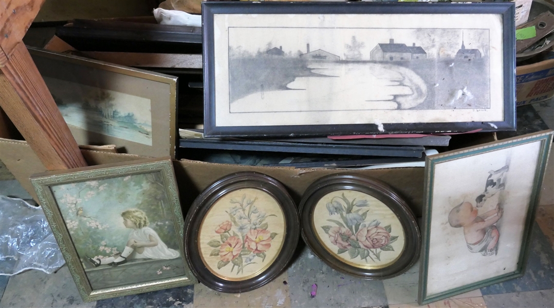 Box of Frames, Art, and Prints including Floral Prints, Original Drawing, Watercolor, Blue Boy Print, and Other Frames