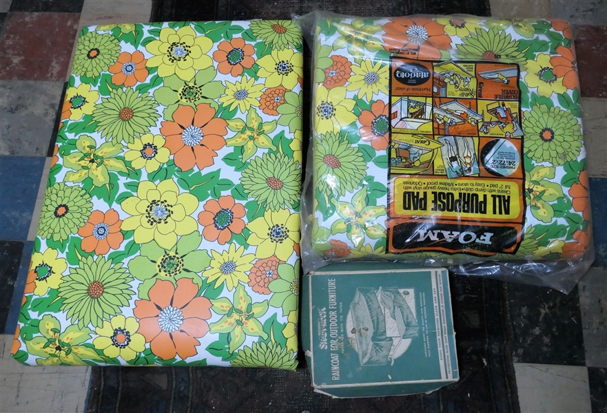 2 Vintage Green and Yellow Foam Pads - New and Shady Hook Rain Coat for Outdoor Furniture - Covers in Original Box - Cushions Made in Montgomery Alabama