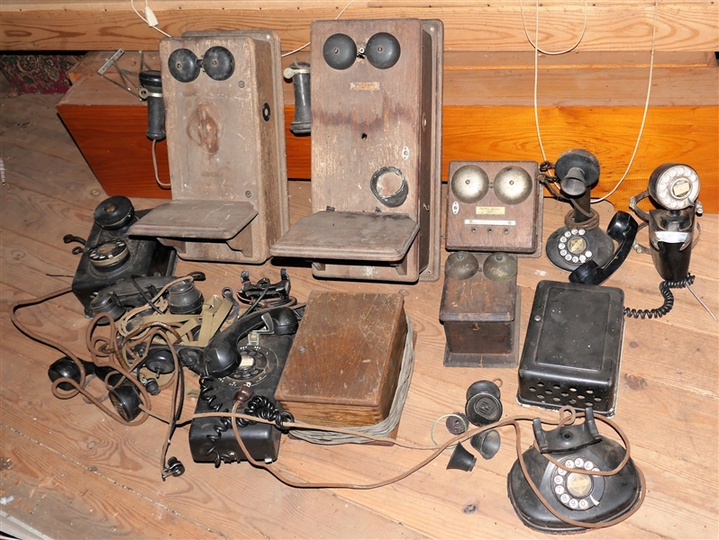 Large Group of Telephone including 2 Western Electric Oak Wall Phones with Works, Candle Stick Phone, Wall Mount Rotary Phones, Rotary Phones, and Bell Boxes