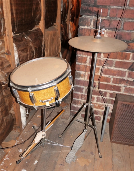 Revere Gold Snare Drum with Stand and Sticks and Foot Controlled Cymbal 