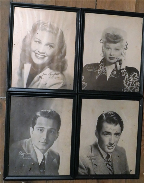4 Framed Promotional Photos - Lucille Ball, Perry Como, Joan Caulfield, and Gregory Peck Frames Measure 11" by 8 1/2" 