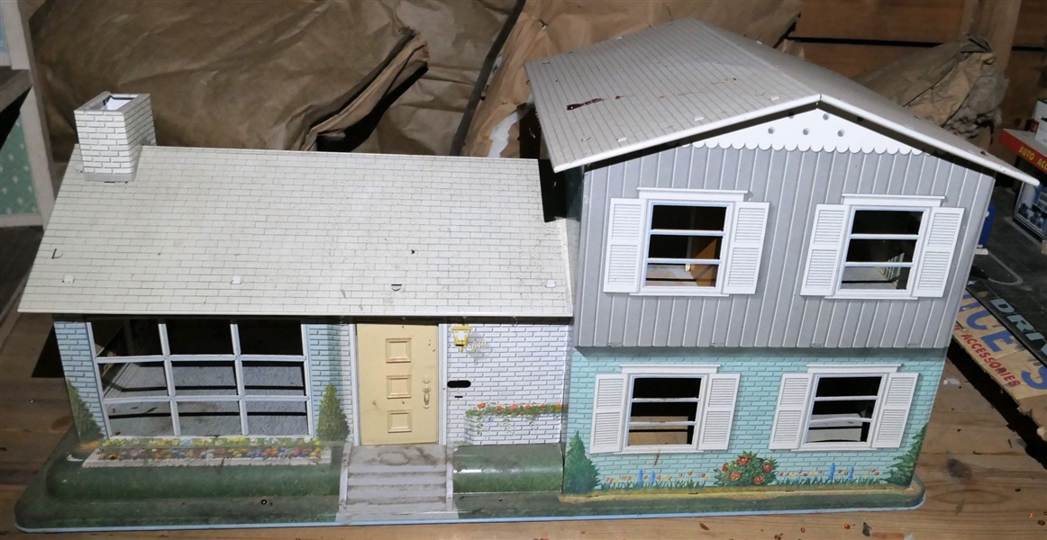 Marx Tin Litho Doll House with Outdoor Fireplace - Good Condition - Needs Cleaning - Measures 14" Tall 29 1/2" by 15 1/2" 