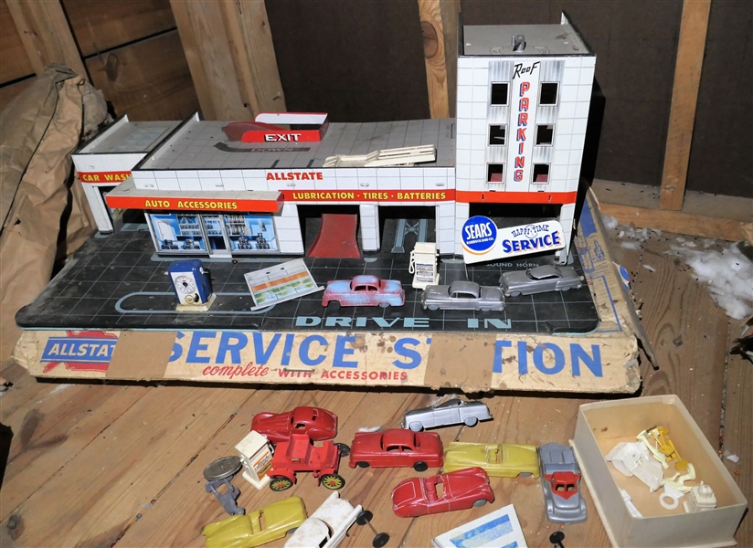 All State Service Station - Tin Litho Gas Station No. 3493  with Original Box and Accessories - Gas Pumps, Plastic Cars, Roof Parking with Elevator, Sears and Roebuck Happy Times Service Station...