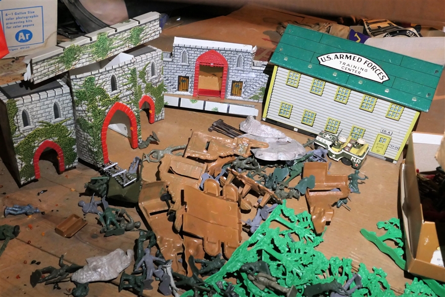 Tin Litho US. Armed Forces Training Center, Tin Litho Castle/Fortress and Lots of Plastic Toys - Soldiers, Knights, Animals, Trees, Tanks, Planes, Rocks, and More