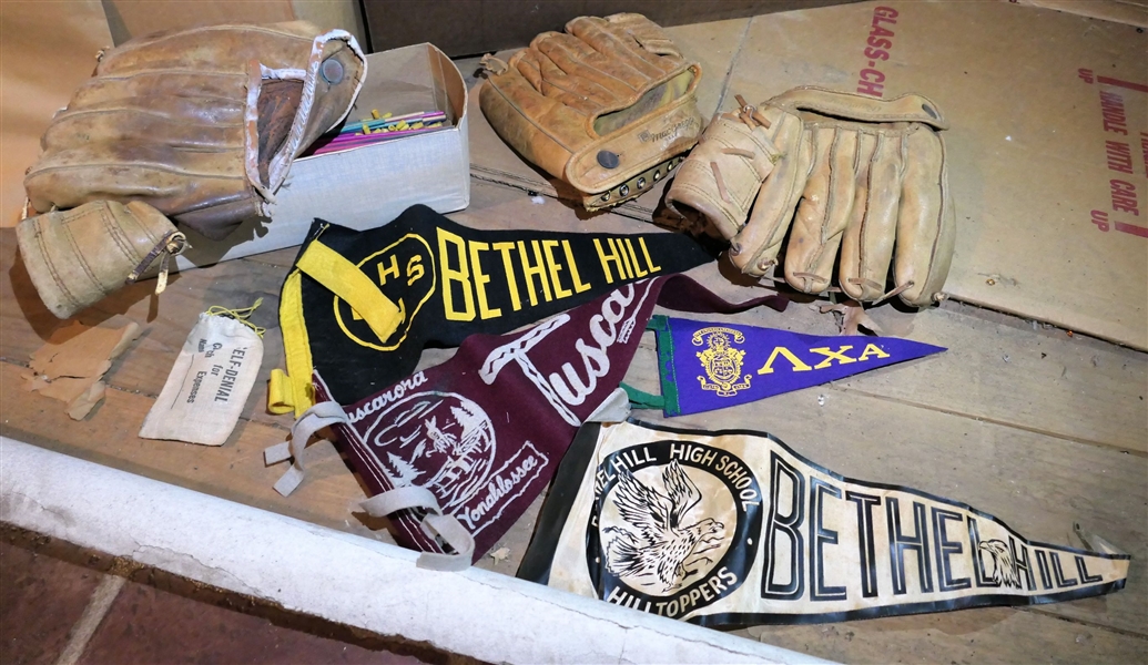 3 Vintage Ball Gloves - Rawlings and Mac Gregor Co. and Souvenir Pennants from Bethel Hill, Bethel Hill High School, AXA, and Others