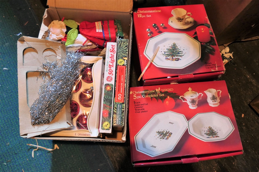 Christmastime China By Nikko 12 Piece Set in Box and 5 Piece Serving Set in Box with Box lot of Christmas Decorations, Balls, Etc. 