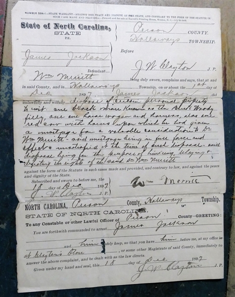 North Carolina State Warrant -Dec 18th 1897 - Warrant for Theft of Dr. Merritts Horse and Wagon - Original Document