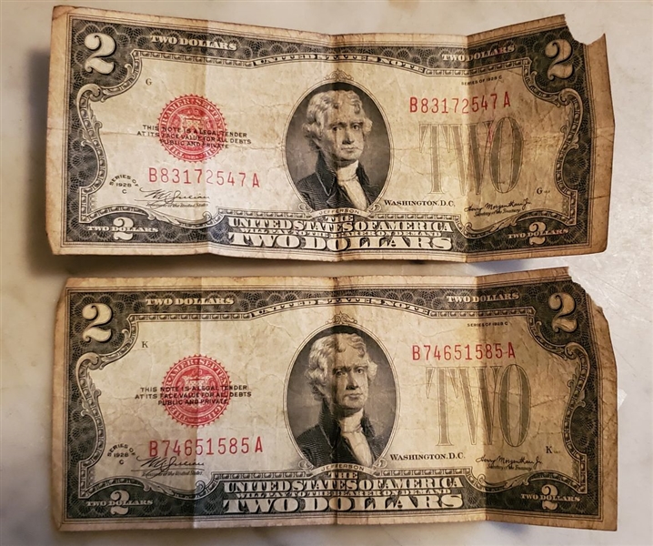 2 - 1928 C Series Red Seal $2 Dollar Bills - They Have Been Folded and Have Small Tear on Top Right Corner