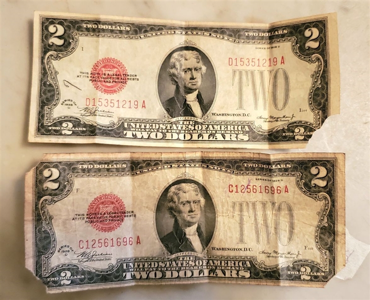 2 - 1928 D Series Red Seal $2 Dollar Bills - They Have Been Folding and Have Some Tearing on Corners