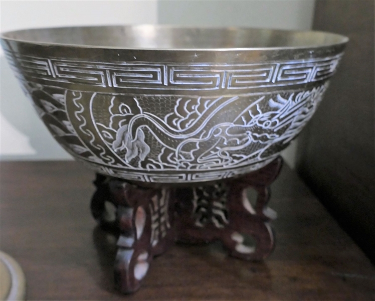 Heavy Engraved Brass Bowl with Wood Stand