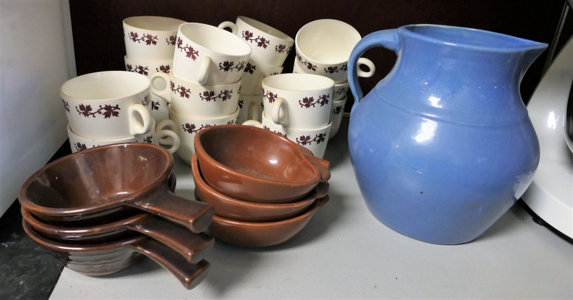 Tea Leaf Mugs, Blue Stone Pitcher, and Several Soup Bowls