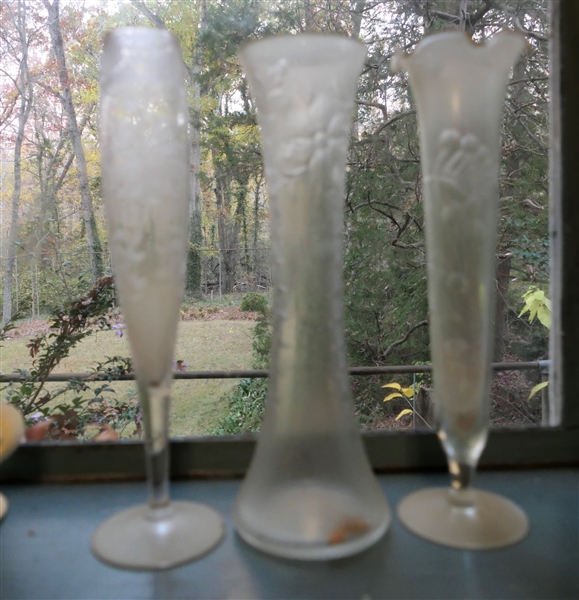3 Elegant Glass Etched Vases
