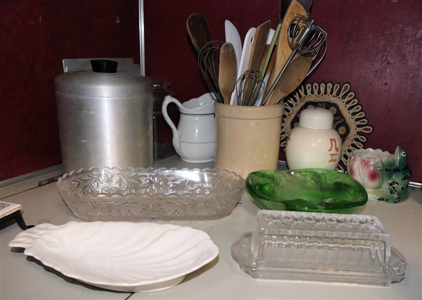 Lot of Glassware, Oval Sandwich Bowl, Crock with Utensils, Canister, and Ashtray