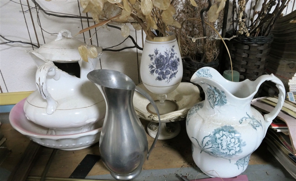 Table Lot including Ironstone Pitcher (Broken), Washbowl, and Vases
