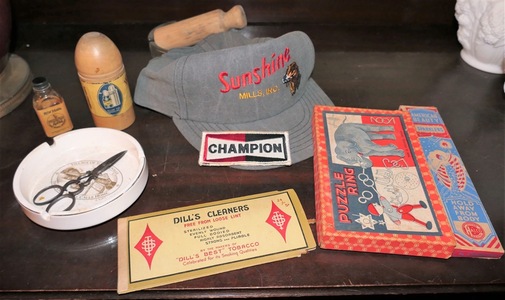 Sunshine Mills Hat, Champion Patch, and Group of Advertising Items