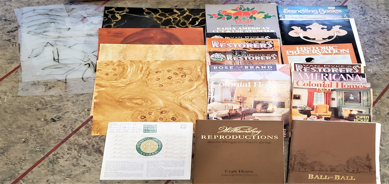 Lot of Books including Williamsburg Restoration, Stenciling Books, and Magazines