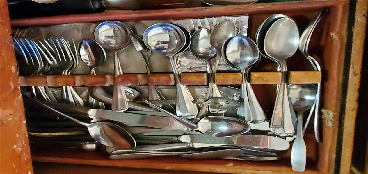 Drawer of Flatware including Stainless, Silverplate, and Kitchen Utensils