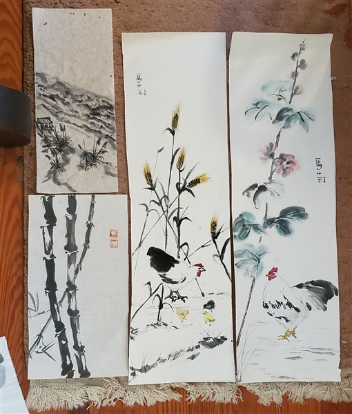 4 Brush Paintings By Mrs. Winstead - Roosters and Trees