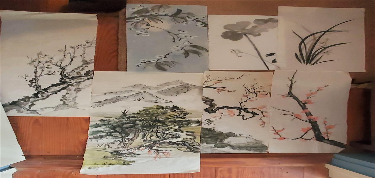 7 Brush Paintings by Mrs. Winstead Trees, Mountains, and Foliage - Not Framed