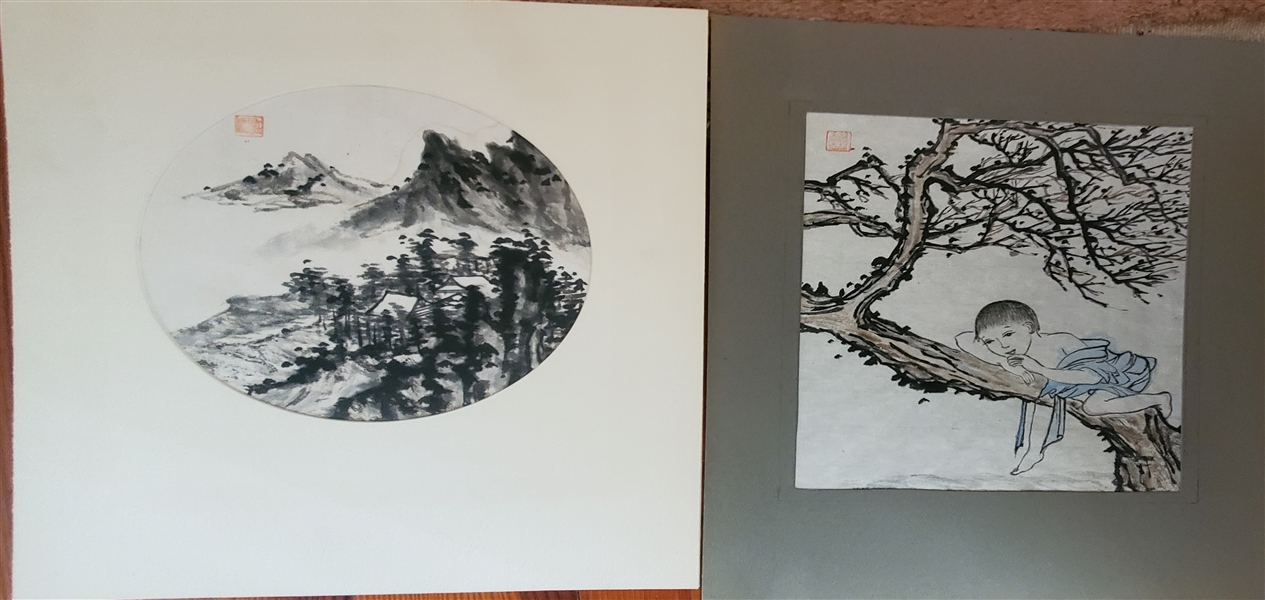 2 Incredible Asian Paintings by Mrs. Winstead - Round Mountains and Figure on Tree