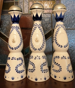 3 Blue and White Clase Azul - Tequila Bottles - Blue and White Ceramic - Measuring 15" Tall 
