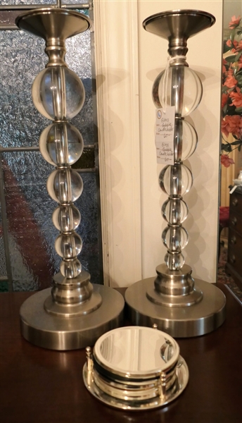 Pair of Glass Ball Candle Sticks and Set of Silverplate Coasters - Candle Sticks Measure 16" Tall 