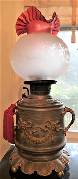 Fancy Oil Lamp with Gold Details - Ruffled Cranberry to Clear Shade - Measures 19" tall