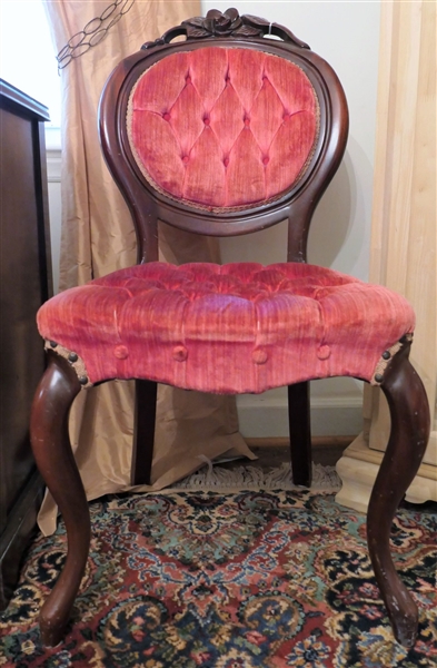 Floral Carved Mahogany Tufted Side Chair - Measures 38" tall 18" by 17"