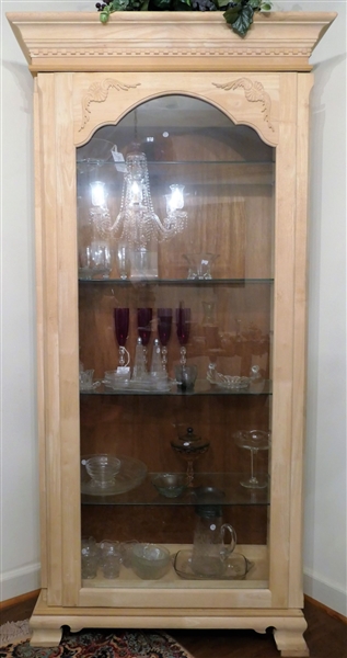 Lighted Light Oak Display Cabinet with Sliding Glass Door - Glass Shelves, Dentil Molding Measures 76" tall 33" by 14"