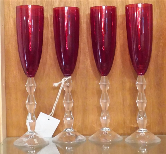 4 Signed Lenox Ruby Red Champagne Flutes with Clear Stems - Each Measures 10 1/2" Tall 