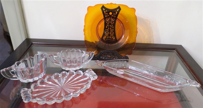 Heisey Cream, Sugar, and Underplate, Reddish Orange Heisey Square Plate, and Heisey Small Oval Etched Dish - Plate Measures 6 1/4" by 6 1/4" - Stand Not Included