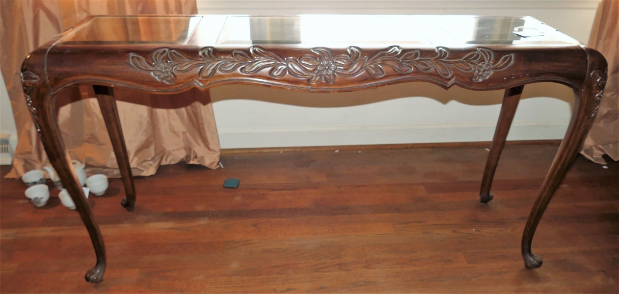 Mahogany Sofa Table with Beveled Glass Top - Carved Flower Details - Measures 28" tall 55" by 16"