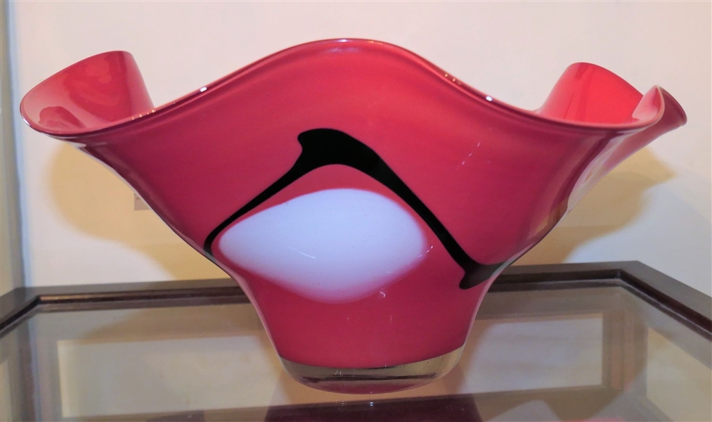 Large Ruffled Edge Art Glass Bowl - Measures 7 3/4" Tall 15" Across