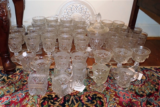 45 Pieces of Cape Cod Glassware Including Unusual Cream and Sugar, Covered Candy Dish, Platter, and Goblets - Platter Measures 13" Handle to Handle