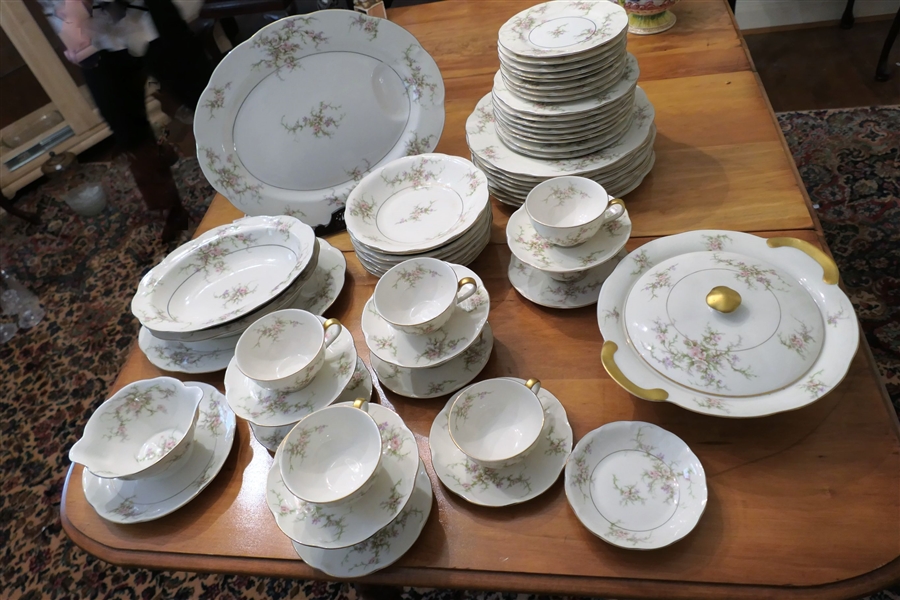 56 Piece Set of Theodore Haviland "Rosalinde" China including 14" Platter, 11" Covered Vegetable, Oval Bowls, Plates, Bowls, and Cup & Saucer Sets