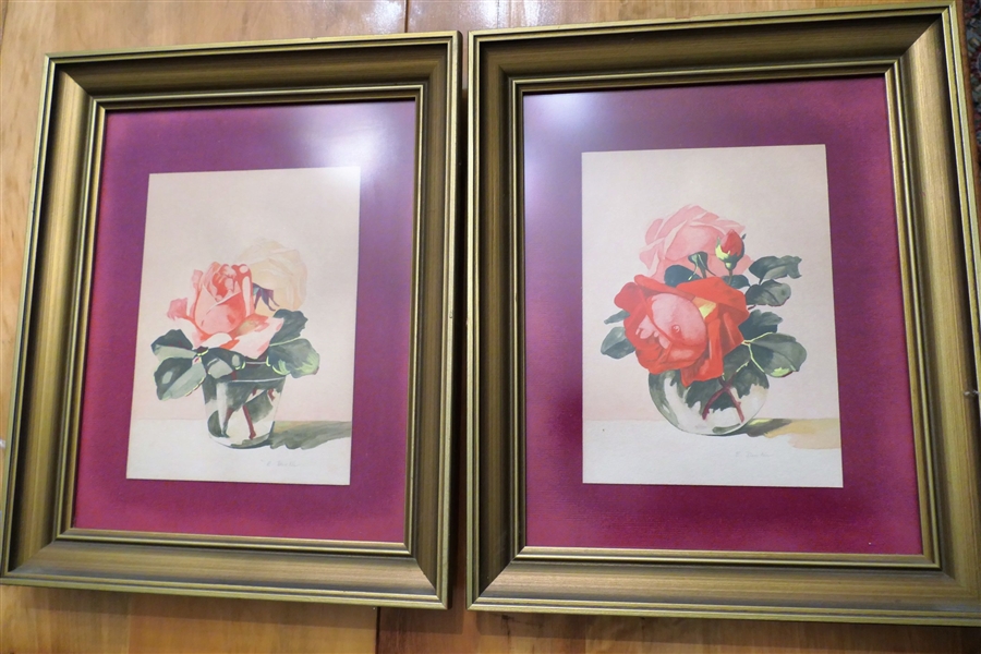 Pair of E. Decker Artist Signed Floral Watercolor Paintings - Nicely Framed with Velvet Background - Each Frame Measures 16 5/8" by 13 3/4"
